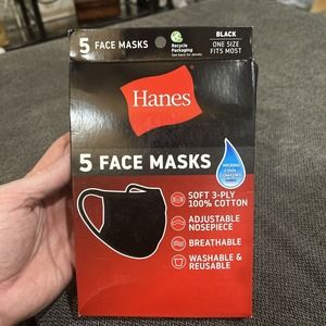 Hanes 100% Cotton Face Masks - Pack of 5 Black New In Box Wicking Cool Comfort